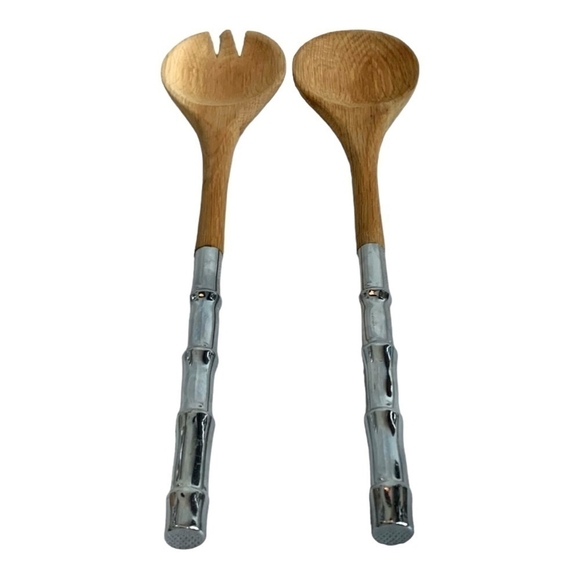 Serving Silverware Wooden Stainless Steel Fork and Spoon Servers 2Pcs SALAD SET - Picture 3 of 5